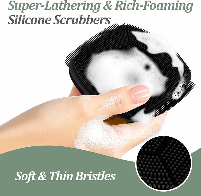 Silicone Back & Face Scrubber & Bath Glove Set 3PCS, 13.4'' Gentle Back Scrubber with Dual-Side Head, 360° Anti-Slip Bath Glove, Unique Side-bristled Face Scrubber for All-round Cleaning(Black)