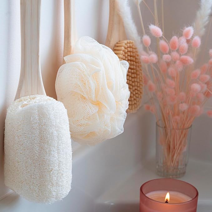 Bath Pouf with Handle - Hard-to-Reach Cleansing Sponge - EcoPouf Bath Brush - Assorted Colors (Pack of 2)