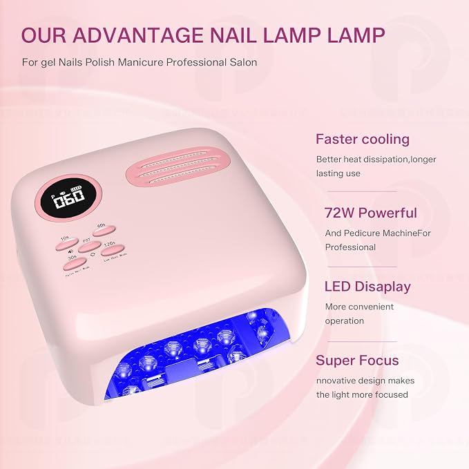UV LED Nail Lamp for Gel Polish 72W Rechargeable Gel Nail Lamp Cordless Nail Dryer with Replaceable Light Board UV Light for Gel Nails for Home and Salon Use (Light Pink)