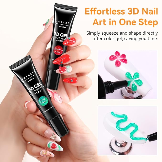 Makartt 3D Nail Gel, 2 Pcs 15g Nail Sculpting Gel for Molding and Drawing | Cheery and Tinsel Green Rhinestone Glue, Gems Decoration, Carving and Painting Nail Art, No Wipe