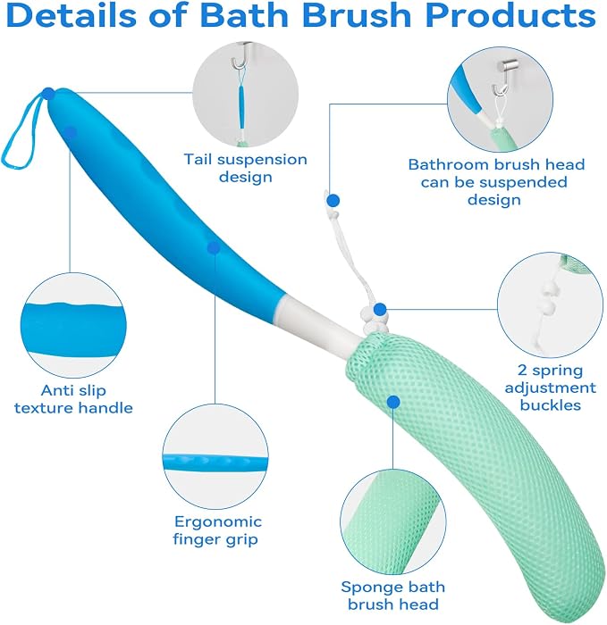 Back Scrubber for Shower,15.35"Curved Body Brush with Anti Slip Long Handle | Long Back Scrubber for Men & Women, Skin Exfoliating Curved Back Scrub Brush, Removable Long Handle Mesh Sponge Back Washer