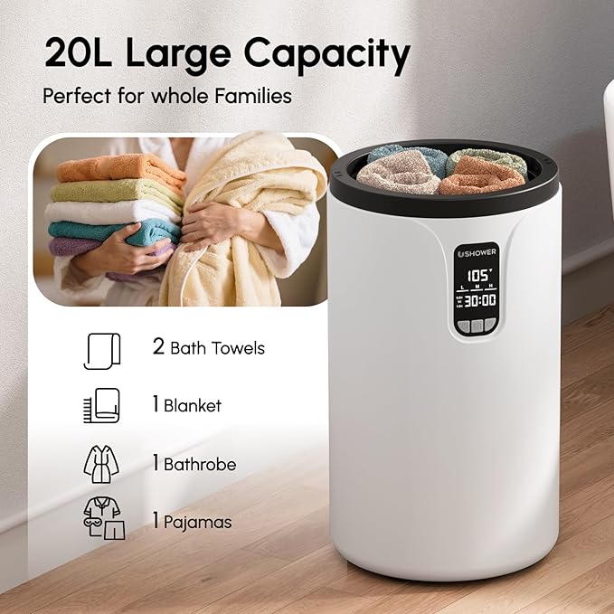 USHOWER Towel Warmers for Bathroom, 20L Large Towel Warmer Bucket for Spa, LCD Screen Display Time, Temperature, Auto Shut-Off Towel Heater Fits Two 40"x70" Oversized Towels, Blankets, Bathrobes, PJ’s
