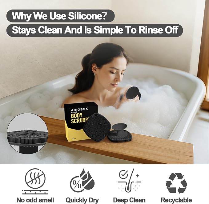 Silicone Body Scrubber, Bath Brush, Gentle Texture Exfoliating Body Scrubber for Men and Women On Sensitive Skin, Soft Scrubber Produces Build Up Lather, Deep Skin Clean (Black)