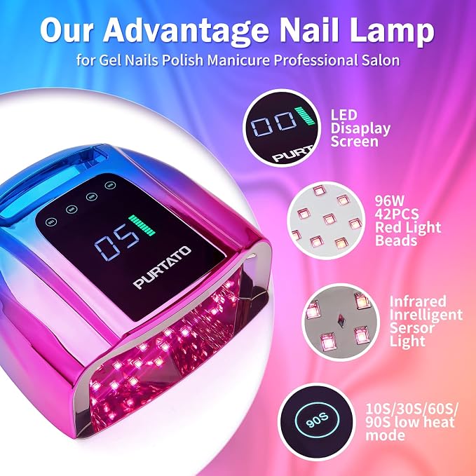 PURTATO Professional Rechargeable 96W UV LED Portable Cordless UV Light for Nail Lamp Machine with Removable Stainless Steel Bottom,4 Timer Setting and Smart Sensor Nail Dryer (Blue&Purple)