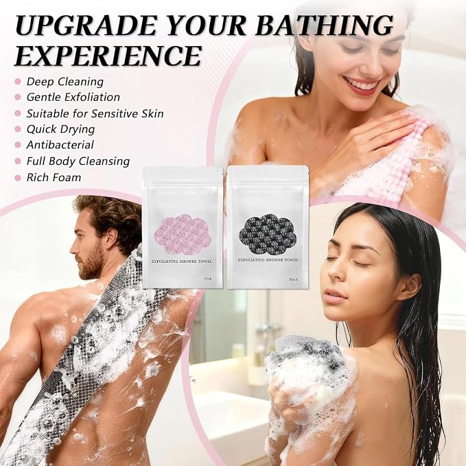 2-Pack Exfoliating Shower Towel, 47-Inch-Long Dual-Sided Exfoliating Towel, Deep Cleansing & Gentle Exfoliations for Smooth Skin, Gentle for Sensitive Skin