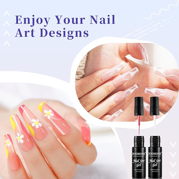 JODSONE Nail Art Gel Liner Set 10 Colors White Red Black White Gel Nail Polish Need U V Lamp Cured with Thin Brush,Gifts for Women
