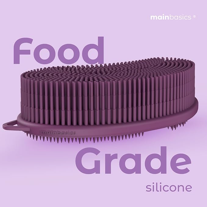 MainBasics Silicone Body Scrubber Dual-Sided, Purple, Exfoliate | Shower Exfoliator For Men & Women, Gentle Silicone Loofah Alternative for Deep Clean