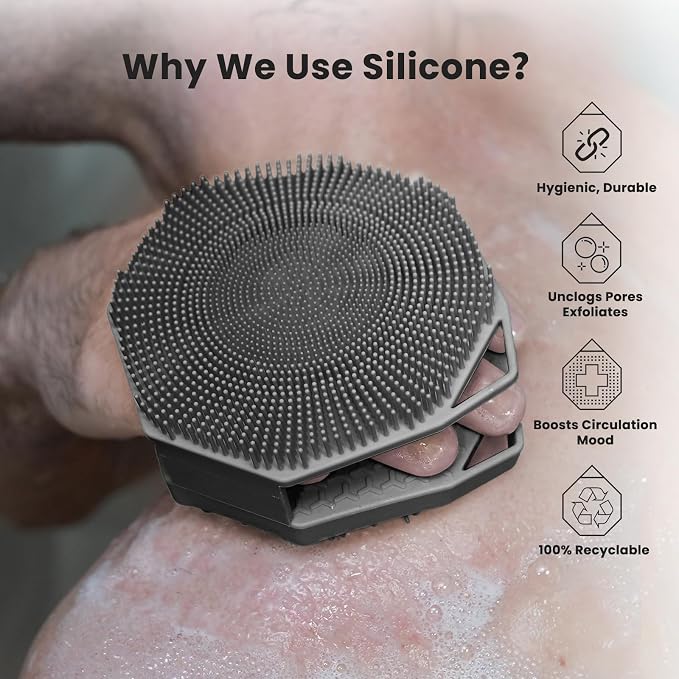 iTokGoK® Silver-Infused 2-in-1 Silicone Body Scrubber, Double-Sided Design Body Brush Body Scrubber Exfoliating Body Brushes forSensitive Skin for Showering, Silicone Loofah - Gray