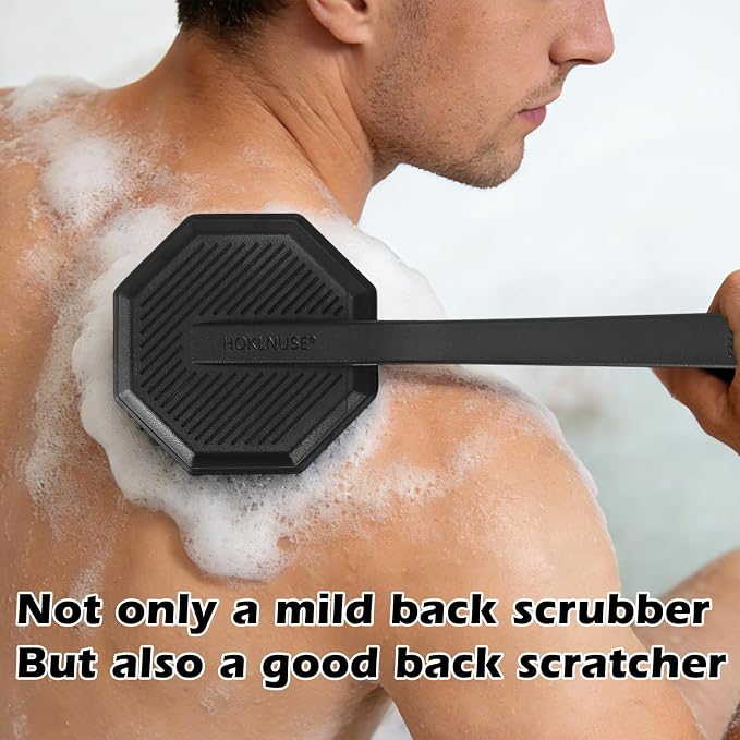 HOKLNUSE Silicone Back Scrubber with Anti-Slip Long Handle Mild Exfoliating Body Shower Brush Soap Applicator Durable Back Scratcher Bath Shower Accessories for Men Women
