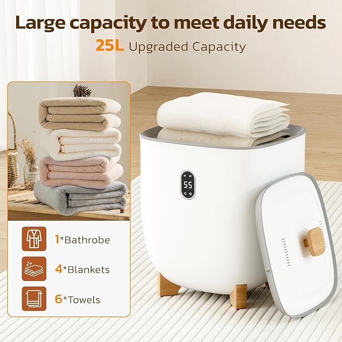 Electactic 25L Towel Warmer,Large Towel Warmers for Bathroom,Hot Towel Warmers Bucket with 2 Heating Modes,Auto Shut-Off,LCD Screen,Fits 2 Blankets,Bathrobes, for Gift, White