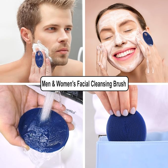 Silicone Face Brush Handheld Facial Cleansing Scrubber, Dark Blue+Gray | Gentle Exfoliating, Massaging, Makeup Remover, Oil Remover, Food-grade Soft Bristle, Hygienic for All Skin Types, INNERNEED