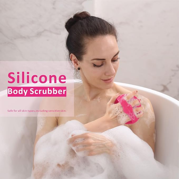 Silicone Body Scrubber Shower Brush 2 Counts,Super Exfoliating Body Brush with Non-Slip Strap-Effective Showering Exfoliation and Gentle Massage for Men Wome,Durable Use Brush (Green+Pink)