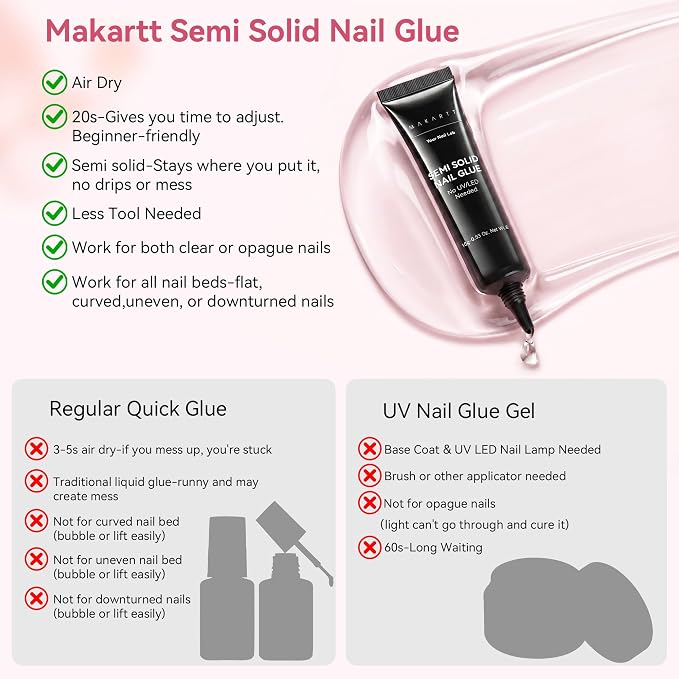 Makartt Press On Nail Glue: 10ML, 20s Air Dry, Semi Solid No Mess,Hema-Free | No UV Lamp Needed, Strong & Long-Lasting, Gap-Filling for Flat or Curved Nails, Adjustable for Beginners, Precise Control