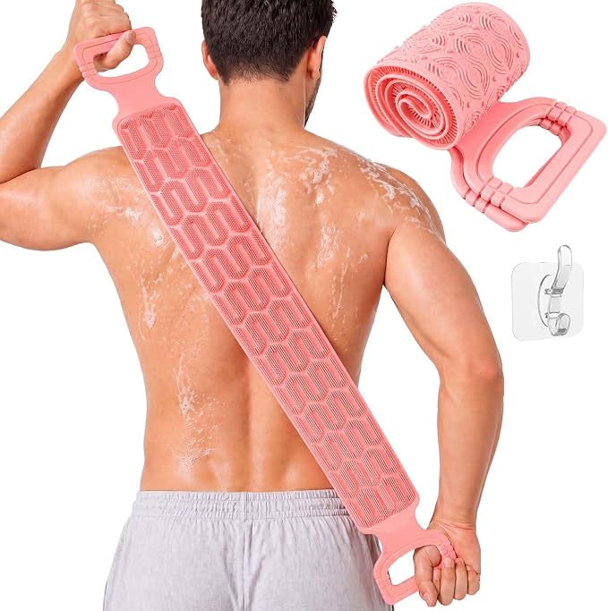 Manmihealth Silicone Back Scrubber for Shower Pink | 33.8'' Exfoliating Body Scrubber with Long Strap Handle, Dual-Sided Extendable Back Washer for Men and Women