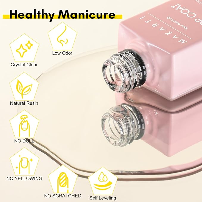 Makartt Gel Top Coat and Base Coat Set: 2 PCS No Wipe Clear Gloss Shiny | Clear, Stain Resistant, UV Top Coat Nail Polish for Acrylic Nails Dip Powder Gel Nail Polish Beauty Gift Salon at Home
