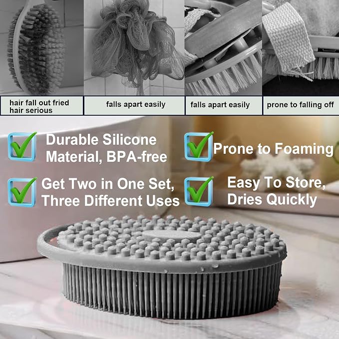 RamPula Silicone Body Scrubber, Silicone Loofah, Bath Cleaning Scrubber, Shower Sponge Glove, Exfoliating Body Brush for Wet or Dry Brushing, More Hygienic Than Traditional Loofah (Black and Grey)