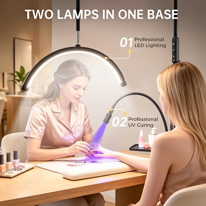 Half Moon Light for Esthetician with Nail UV Lamp | Gooseneck Lash Light, Eyelash Extensions, 36W 308 LED 5 Color Temps 3600LM, Rolling Floor Lamp, Tattoo Salon Use