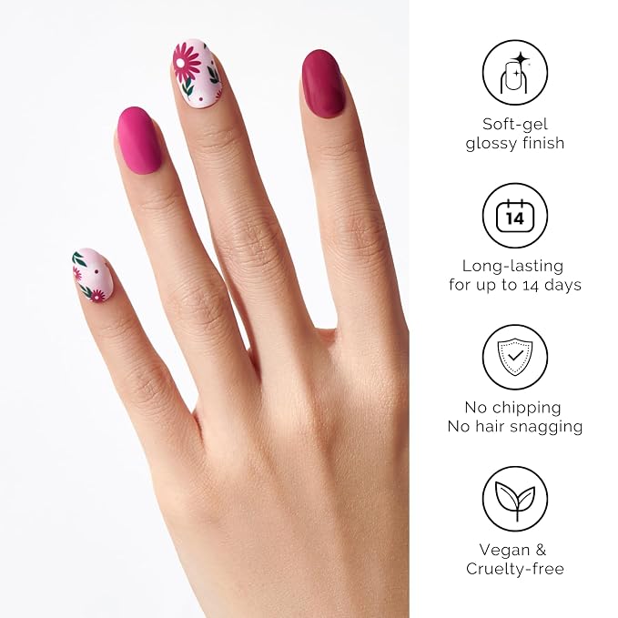 Semi Cured Gel Nail Strips - NAILOG 34 Pcs Floral Nail Stickers Extra Long Nail with Glossy Gel Finishing for Autumn Winter, in The Meadow