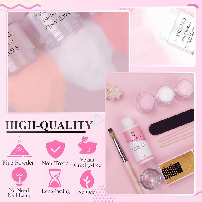 Saviland Acrylic Nail Starter Kit: Clear Pink Nude | Acrylic Powder & Liquid, Brush, Files, Forms, Press On Nails, Home Practice Set