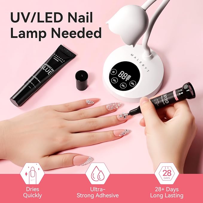 Makartt Nail Rhinestone Glue Kit, Strong Hold UV/LED Gel, 15ml + 8ml | 30-Day Hold, Dual Viscosity with Precision Nozzle, Brush & Pen Tip for Tiny Gems, Crystals and Nail Charms, DIY to Salon Use
