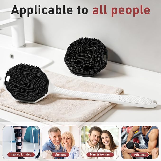 Back Scrubber for Shower 2 Pack, Silicone Body Scrubber with Long Handle, Detachable Body Wash Bath Scrubber Shower Scrub Brush -Dense Bristles Exfoliating & Lather Well for Women Men Black