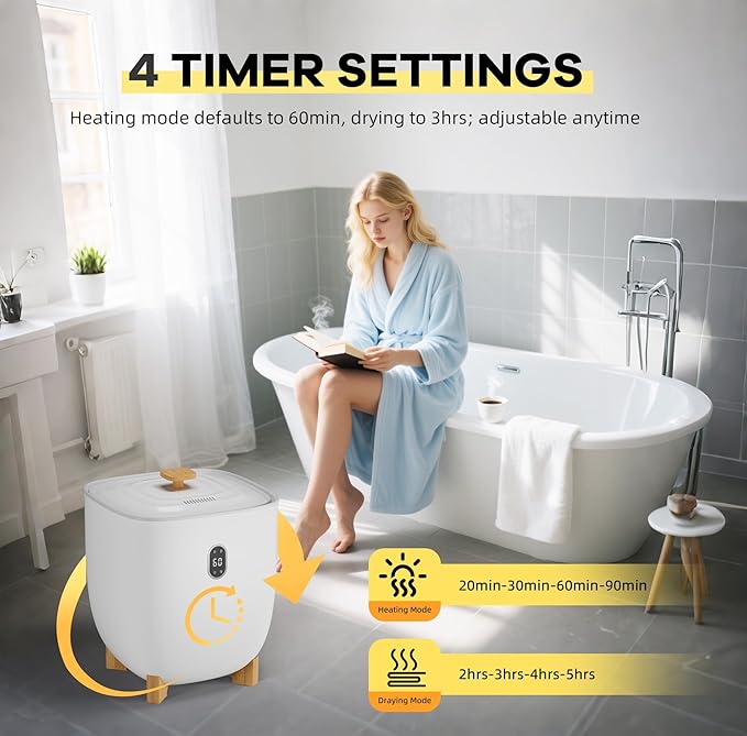 Large Towel Warmer for Bathroom Heated Towel Warmers Bucket, Auto Shut Off, Wood Handle, Fits 6 Oversized Towels, Bathrobes, Blankets, Clothes, for Spa, for Mother's Gifts