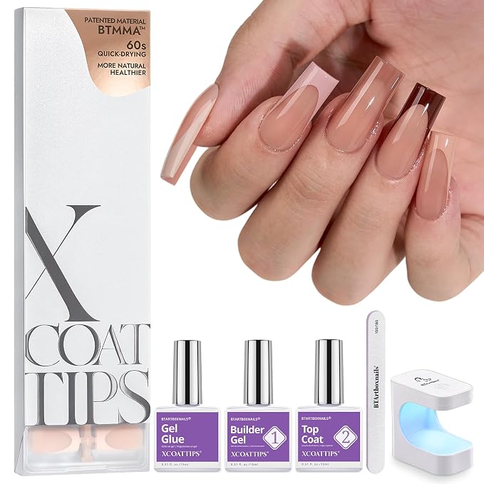 BTArtboxnails XCOATTIPS SkinTone French Tip Press On Nails Kit, L Square | Lamp-Curable, 4-Week Wear, Salon Quality Value at Home, 150 Nail Tips, Glue, Builder Gel, Top Coat, Nail Lamp, All-in-one Kit