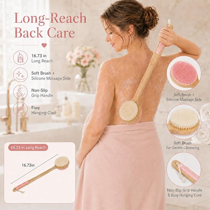 3 in 1 Silicone Maternity Bath Gift Set, Self Care Set for Pregnant Women: XXL Non-Slip Foot Scrubber Mat, Long Handle Back Scrubber, Dual-Sided Body Brush, Care Package for Expecting Moms, New Mom