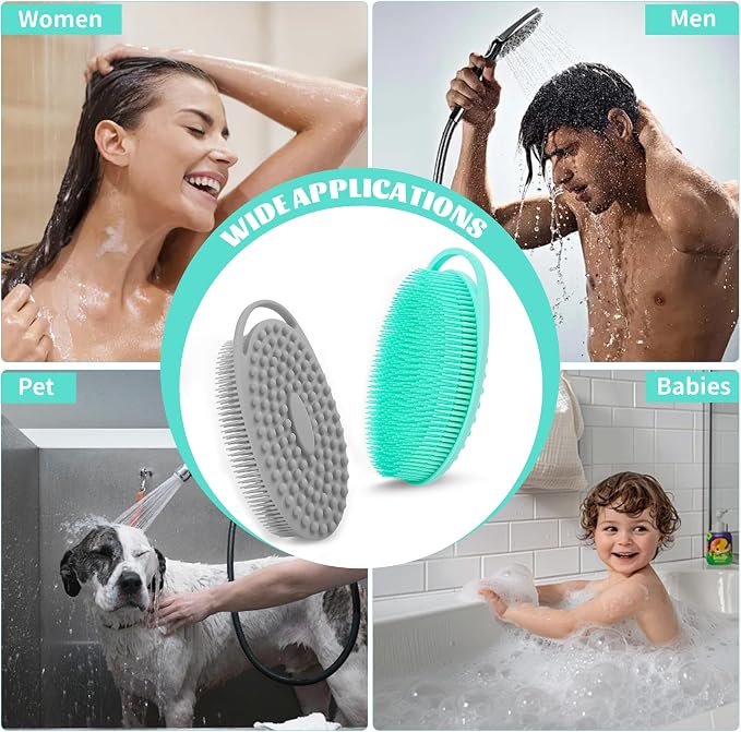 Silicone Body Scrubber Loofah – 2 Pack Soft Shower Scrubber, Gentle Loofah Alternative for Sensitive Skin, Fast-Drying & Hygienic Body Wash Brush, Easy to Clean, Grey & Green
