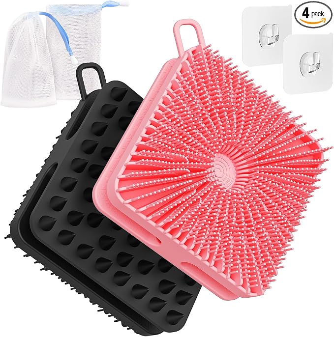 Manmihealth Dual-Sided Silicone Body Scrubber Scalp Massager 4 PCS | 2-in-1 Silicone Shower Shampoo Brush for Men and Women, Exfoliating Silicone Loofah with Soap Bag, Lather Well (Black+Pink)