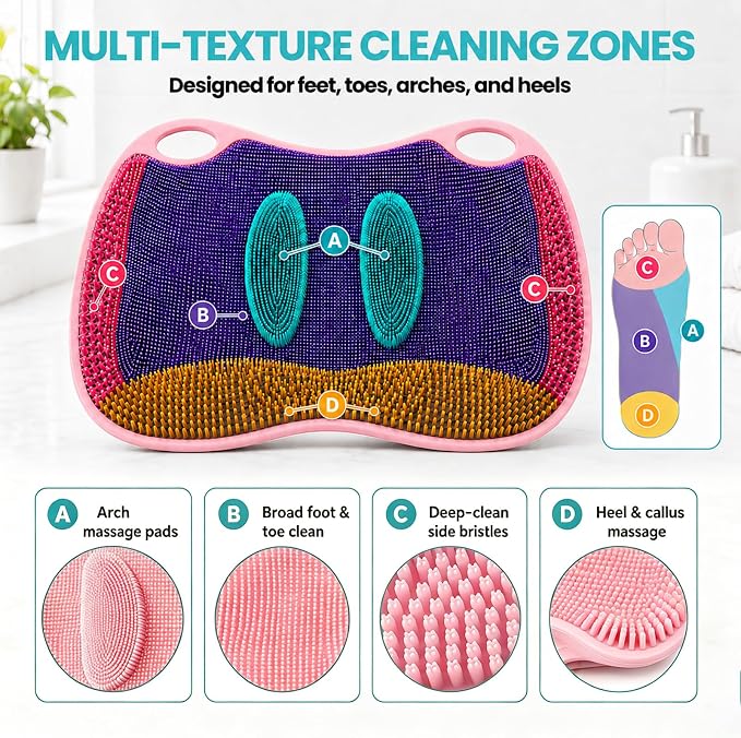 XL Silicone Shower Foot Scrubber Mat with Suction Cups, Foot Washer for Shower, Foot and Back Scrubber for Smooth Shower Wall or Floor, Pink, 17.32 x 12.99 in