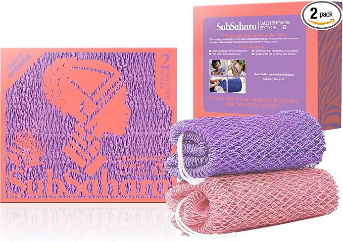 SubSahara Authentic African Net Sponge,2 Pack 45-In Exfoliating Bath Sponge and Shower Loofah for Body and Back,Colorfast Quick-Dry Knotted Mesh Scrubber with Travel Pouch (Blush Pink&Lavender Purple)