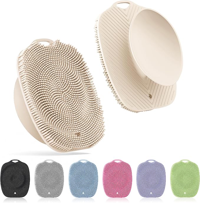 Soft Silicone Body Scrubber, Gentle Like a Hand Exfoliating Your Skin and Build Up Lather Easily, Back Large Suction Cup Easy to Store, Long-Lasting & Deep Clean (Beige)