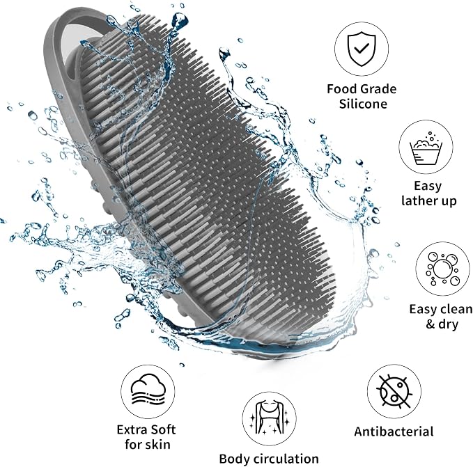 Soft Silicone Body Scrubber Loofah, 2 PCS Soft Silicone Loofah 2 in 1 Bath and Shampoo Brush Cleaning Exfoliating Use for Sensitive Skin, Lather Well, Grey and Pink