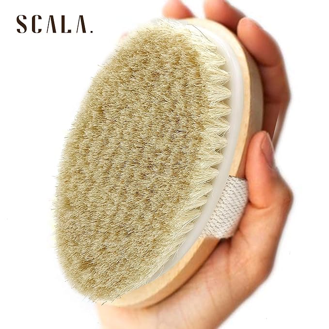 Scala Body Brush Natural Bristle, Dry Brushing Exfoliator for Dead Skin | Medium strength bristles, boosts circulation, lymphatic drainage, cellulite care