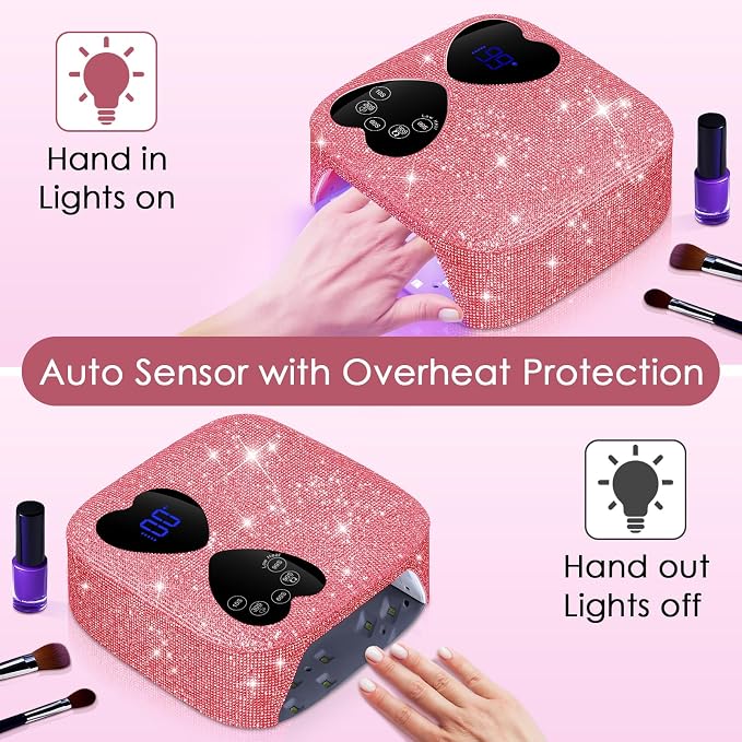 UV LED Nail Lamp Cordless, HUITINE 80W Rechargeable UV Light for Gel Nails | 5 Timers & Mirror Base, Professional Gel Light Dryer, Sparkling Rhinestones Curing Lamp for Salon & Home (Pink Diamond)