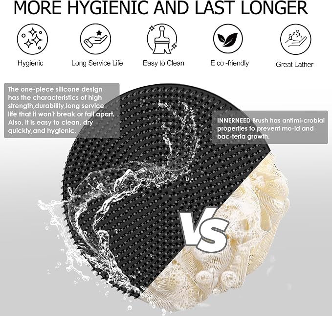 INNERNEED Food-Grade Soft Silicone Body Scrubber Shower Brush, Black | Handheld Cleansing Skin Brush, Gentle Exfoliating and Lather Well, Hygienic Bath Scrub for Women, Men