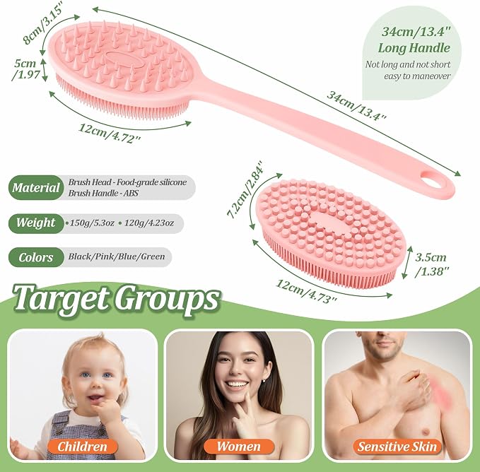 Silicone Back Scrubber for Shower, Gentle Shower Scrubber for Lathering, Softe Silicone Loofah with Two Replaceable Brush Heads, Good for Kids, Sensitive Skin(Pink-Two Heads)