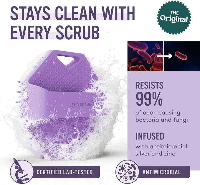 Sud Scrub® Antimicrobial Silicone Body Scrubber, Exfoliating Body Brush for Sensitive Skin, Antibacterial Shower Scrubber for Body, Bathroom Essentials for Men & Women, Purple