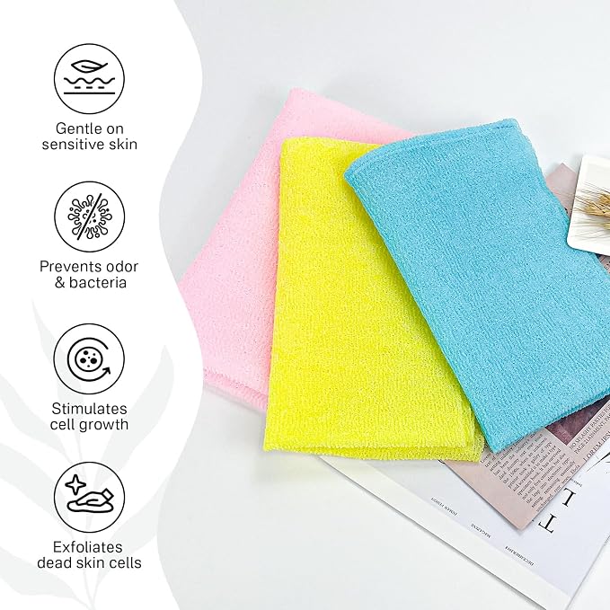Yiclick Exfoliating Washcloth Towel, Exfoliating Body Scrubber, Back Scrubber for Shower Bath Washer, Japanese Exfoliating Wash Cloth, Korean Body Scrubber Exfoliator, Body Scrub Loofah Luffa Colors