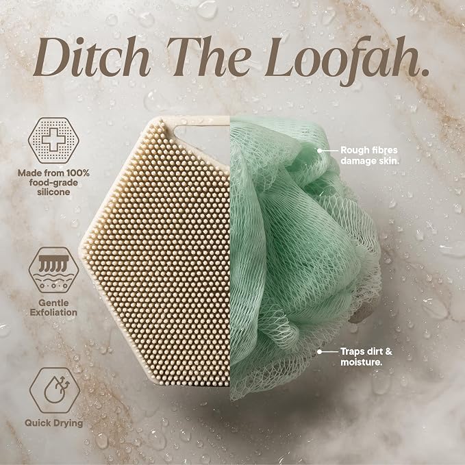 TOOLETRIES Silicone Body Scrubber 2.0, Loofah Alternative - Sand | Gentle exfoliating shower scrubber that's quick drying, hygienic and longer lasting than traditional loofahs.