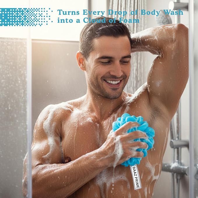 Extra Large Luxury Shower Loofah, (Set 3 Pack,75g) with Silicone Face Scrubber | Exfoliating Bath Sponge Loofa Pouf for Women & Men, Creates Rich Foam for spa Like Bath exprience