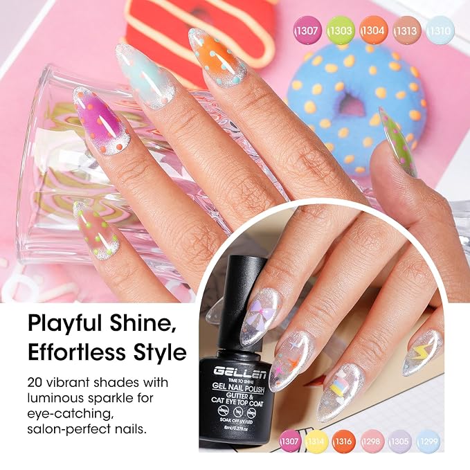 GELLEN Gel Nail Polish Set 24PCS, Pastel Bright Gel Polish Kit | 24 Colors with Base, Glossy, Glitter & Cat Eye Top Coats Plus Magnet for DIY Nail Art at Home or Salon Manicure