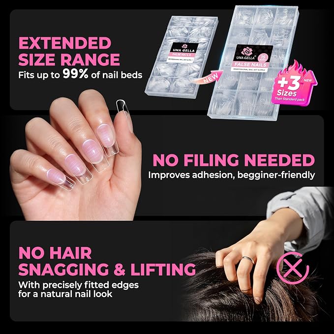 UNA GELLA Square Nail Tips 510Pcs 15 Sizes - No File Needed Pre-Buffed Medium Square Soft Gel Fake Nail Tips Clear Full Cover False Nails Soak Off Acrylic Nail Extensions for DIY Nail Art Salon