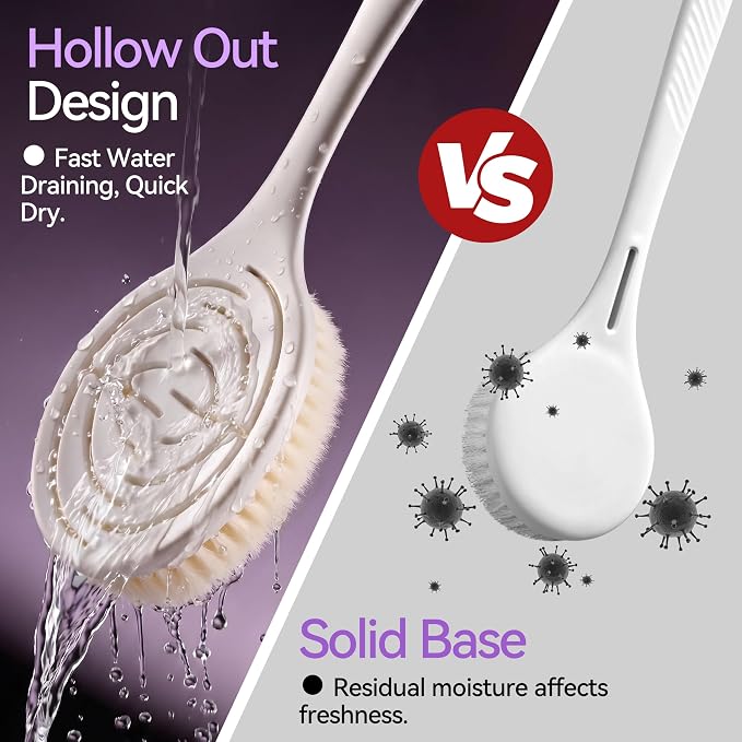 Shower Brush for Body, Long Handle Back Brush Back Washer for Shower White | Hollow drainage structure accelerates air drying, effectively avoiding bacterial growth and Quick Drying