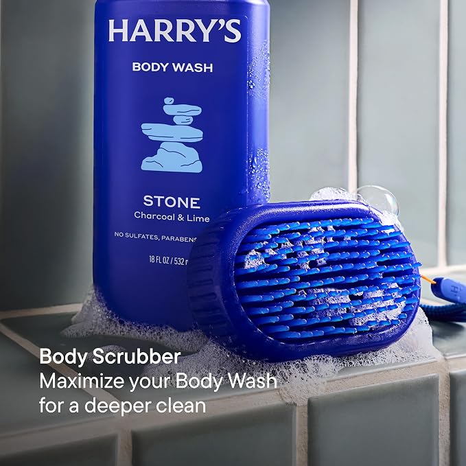 Harry's Men's Body Wash with Scalp & Body Scrubber - Stone - 18 fl oz - Shower Gel for Men - Flexible Exfoliating Shower Brush for Massage and Cleansing