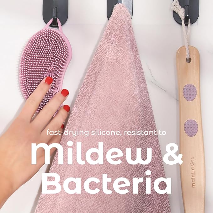 MainBasics Silicone Body Scrubber Dual-Sided, Pink, Exfoliate | Shower Exfoliator for Men & Women, Gentle Silicone Loofah Alternative for Deep Clean
