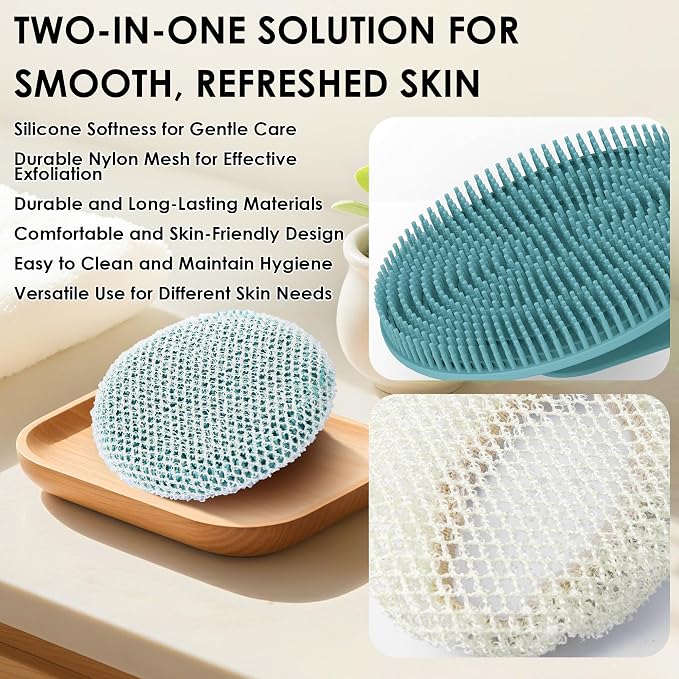 African Net Exfoliating Sponge Case with Silicone Body Brush, Dark Green | 2in1 Quick-Dry Bath Mesh Washcloth Shower Scrubber, Massaging, Cleansing, Skin Smoother, INNERNEED