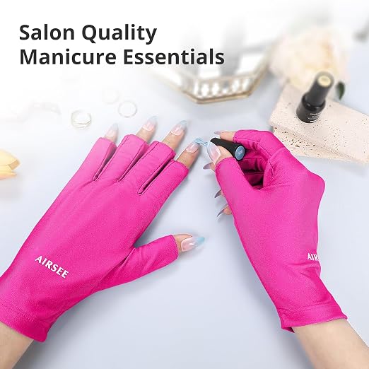 AIRSEE UV Gloves for Nail Lamp,Professional UPF50+ UV Protection Gloves for Manicures Nail Art,Fingerless Gloves That Shield Skin from The Sun and Nail Lamp(Rose Red)