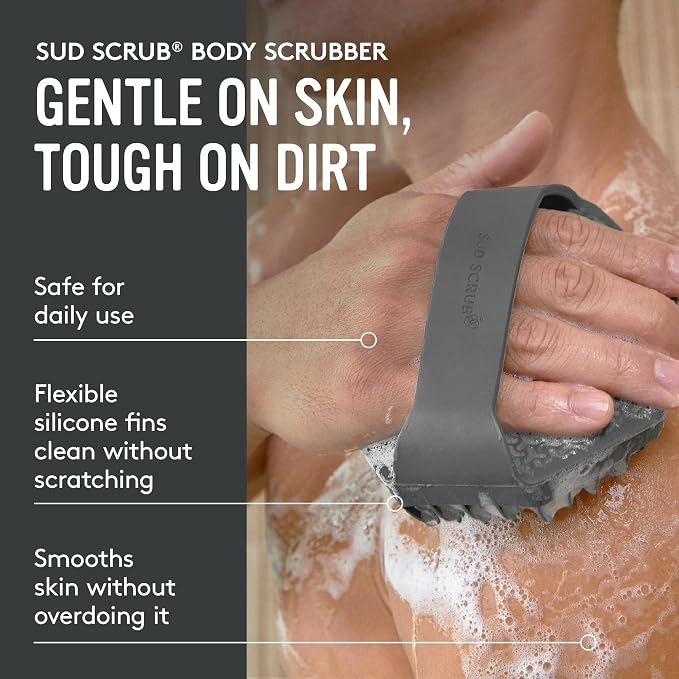 Sud Scrub® Antimicrobial Silicone Body Scrubber, Exfoliating Body Brush for Sensitive Skin, Antibacterial Shower Scrubber for Body, Bathroom Essentials for Men & Women, Charcoal